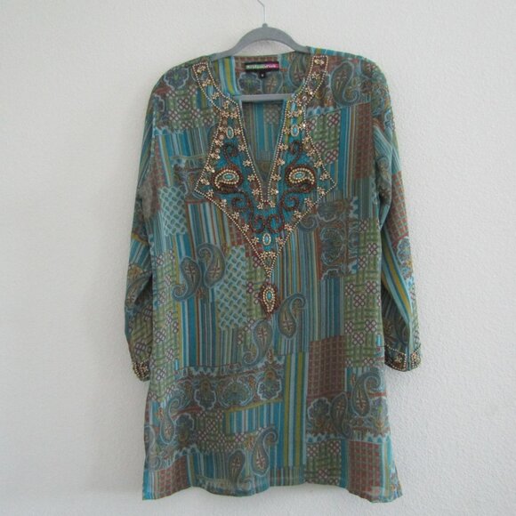 Women's Tunic Top Beaded Sheer Boho Maximalist Medium Green - Picture 1 of 11